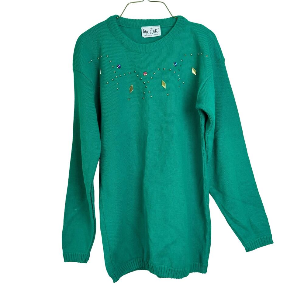 Wye Oaks VINTAGE kelly green bedazzled studded rhinestone sweater‎ Size MEDIUM